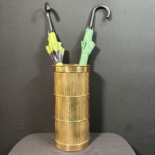 VTG Brass Ribbed Umbrella Stand Mid Century 17.5x8.5 Hollywood Regency Decor