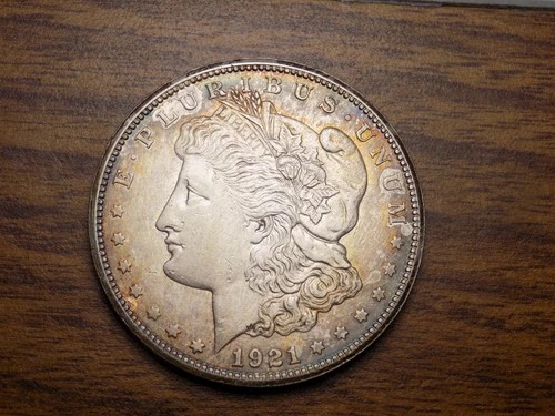 MORGAN SILVER DOLLAR 1921 S 90% SILVER DOLLAR AU/BU RAINBOW ALBUM TONED