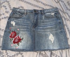 Denim Floral Embroidered Distressed Mini Skirt