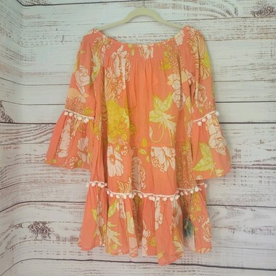 NWT True Destinations Resort Wear Tiered Floral Mini Dress L Boho PomPom 