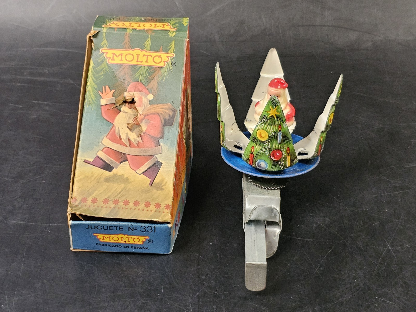 Vintage Tin Spinning Christmas Tree Push Toy 1950's Santa Molto Spain 