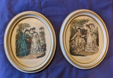  2 Vintage 8"x10" Victorian Ladies Prints In 10"x 12" Oval Wood Picture Frames