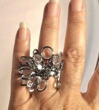 Vintage Y2K Ring HUGE Clear Glass Dangles Cluster Dark Silver Tone S7.25 Sparkly