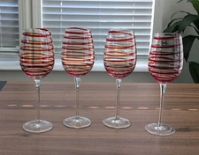 VTG Set Of 4 🔴Red Swirl Water Wine Glasses Goblets 10”Barware Red Swirl