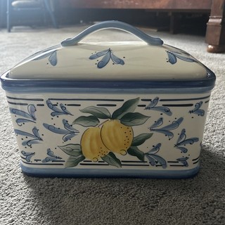 Inspirado Blue and White Lemon Porcelain Cookie Jar Bread Box Biscotti Keeper