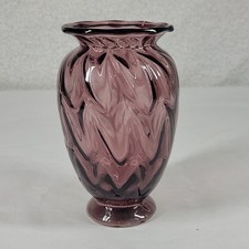 Fenton Amethyst Ribbed Optic Glass Vase 7" Tall Stamped Purple Swirl
