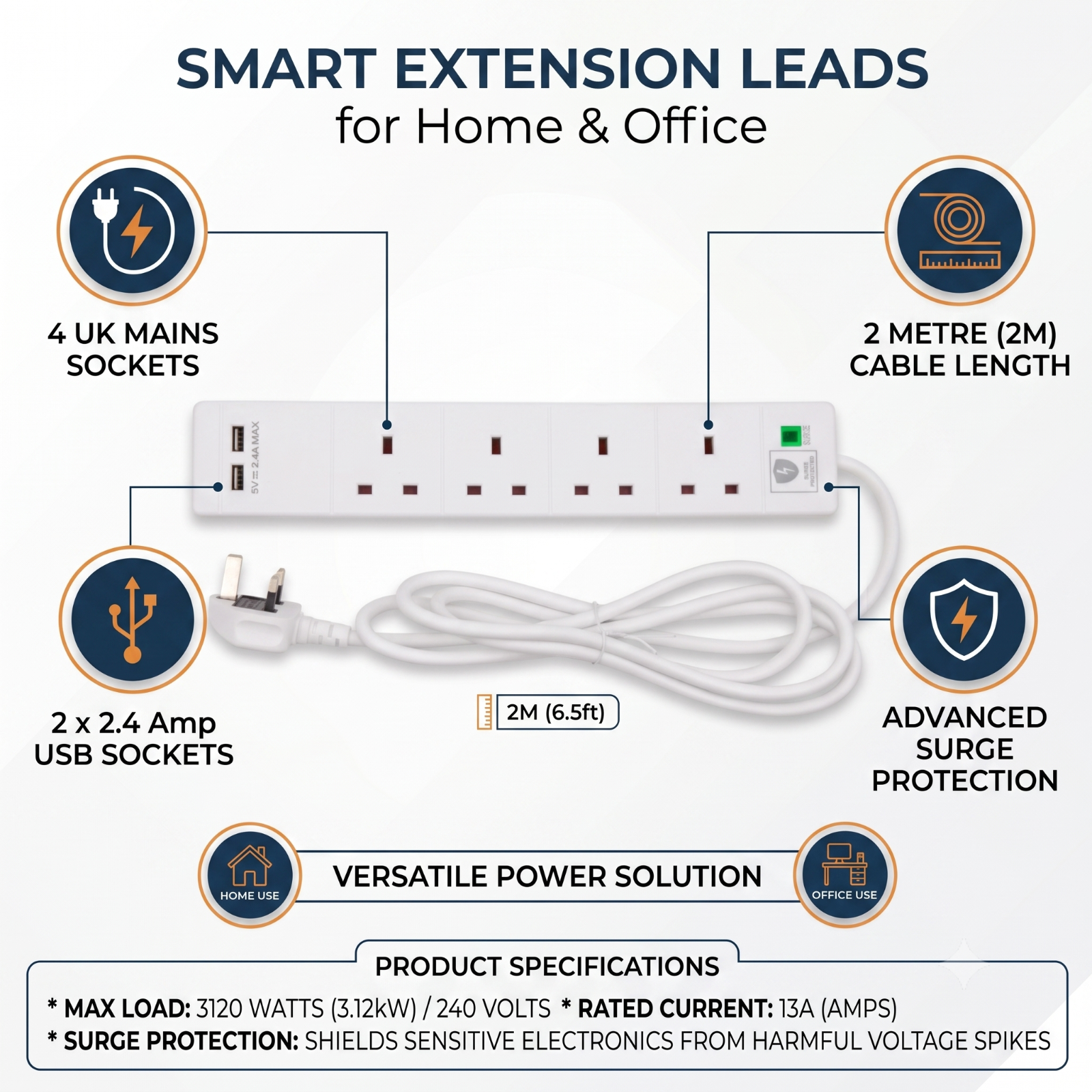 SMJ 4 Way Gang Extension Lead Cable / 2 x 2.4 Amp USB UK Mains Plugs Sockets 2M