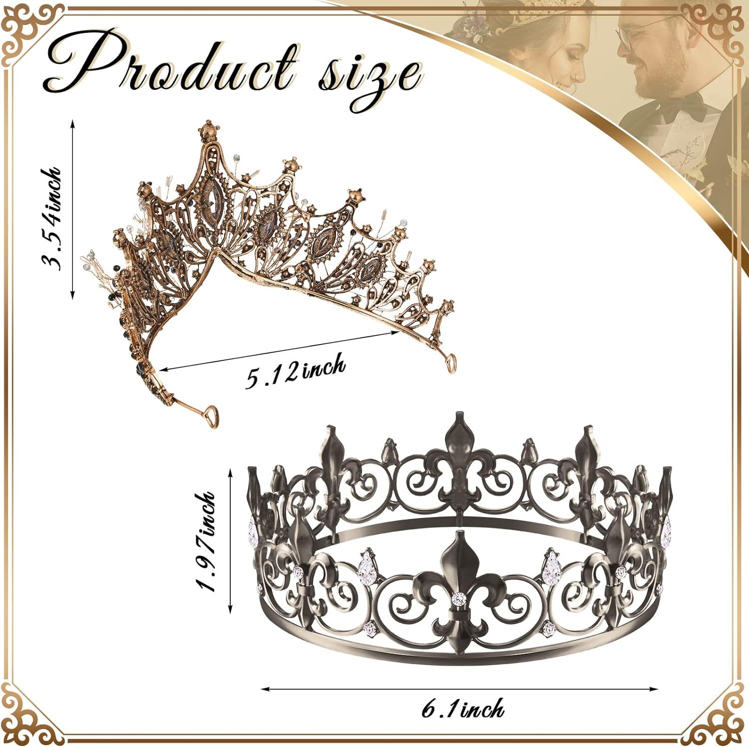 2 Pcs Crowns for Men Women Baroque Queen Crown King Metal Prince Tiara Black image 2
