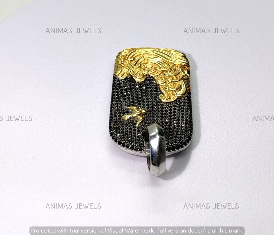 Мужской кулон жетон для собаки 2,20 карата созданный в лаборатории черный бриллиант 14 карат двухцветное золотое покрытие - Изображение 4 из 4