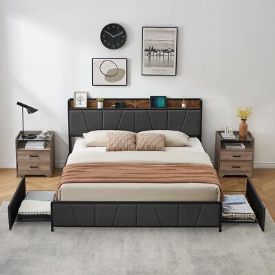 King Upholstered Bed Frame with Headboard and 2 Storage Drawers,Charging Station
