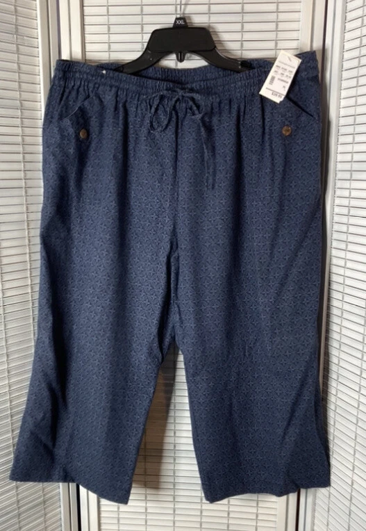 christopher&banks womens XL navy floral stretch band pocketed linen rayon capris