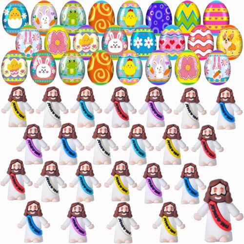 24 Pack Prefilled Easter Eggs Mini Jesus Figures, Jesus Toys for Kids Boys Girls
