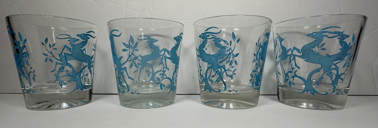 Vintage Set 4 Federal Blue Gazelle Old Fashion Double Rock Glasses - MCM Barware