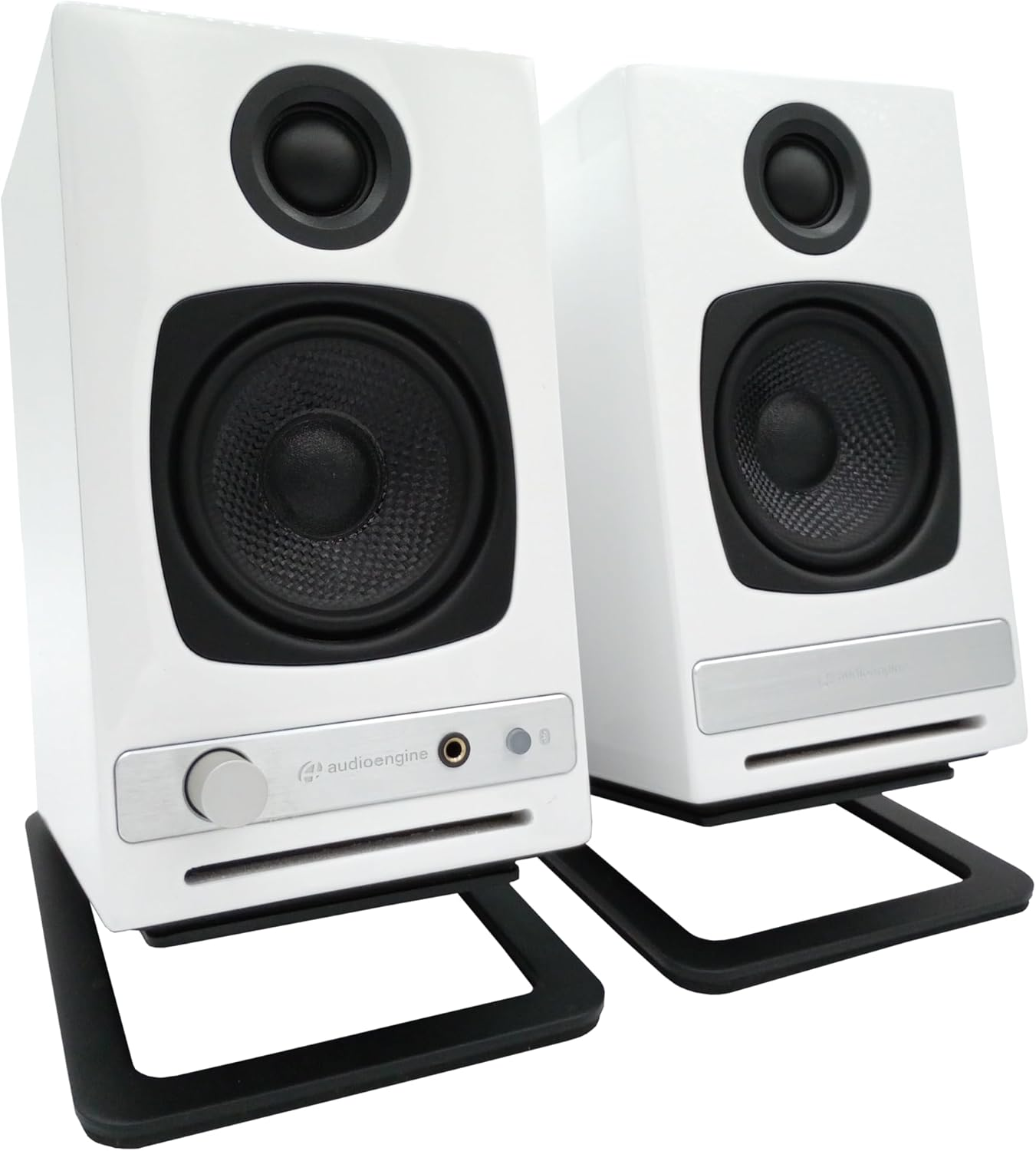 A2 HD White Bluetooth Desktop Speakers and DS1M Metal Stands