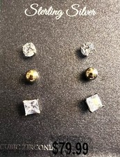 BRAND NEW STERLING SILVER 3 PAIR EARRING SET, GOLD OVER SILVER BALL, ZIRCONIA B9