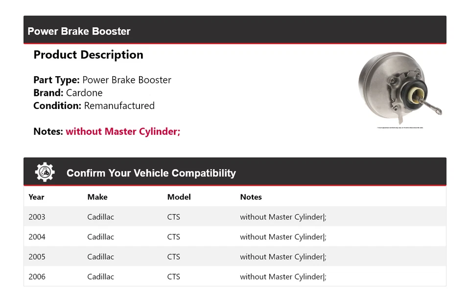 Para Cadillac CTS 2003-2006 Power Brake Booster Cardone 2004 2005 Foto 2 de 4