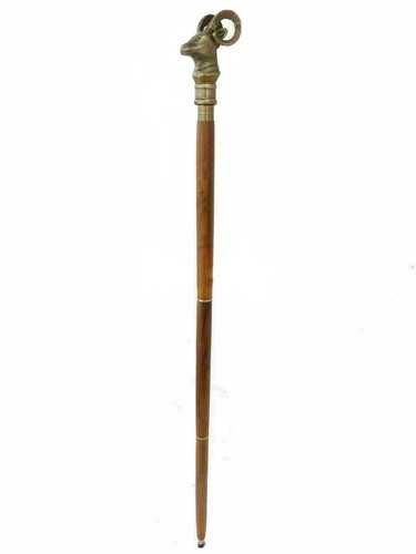 Antique Brass Goat Head Handle Victorian Style Wooden Walking Stick Vintage Cane - Picture 4 of 5