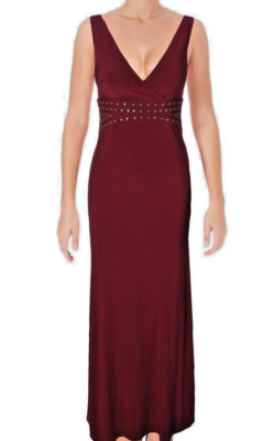 Laundry ~ Dark Red Jersey Rhinestone Waist Double V Evening Gown 6 NEW $295