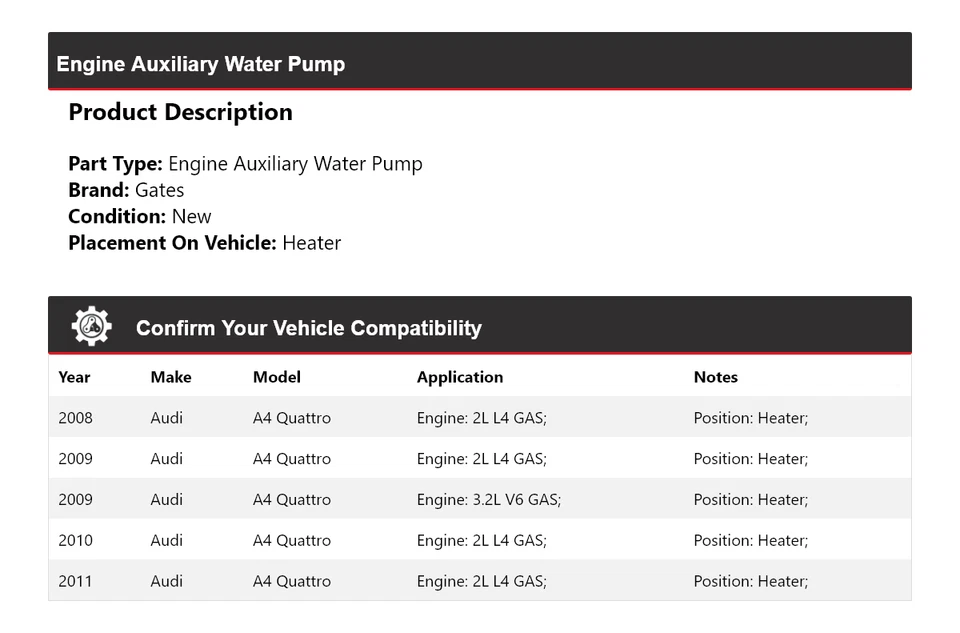 Para Audi A4 Quattro 2008-2011 Motor Auxiliar Bomba de Agua Calentador Puertas 2009 2010 Foto 2 de 4