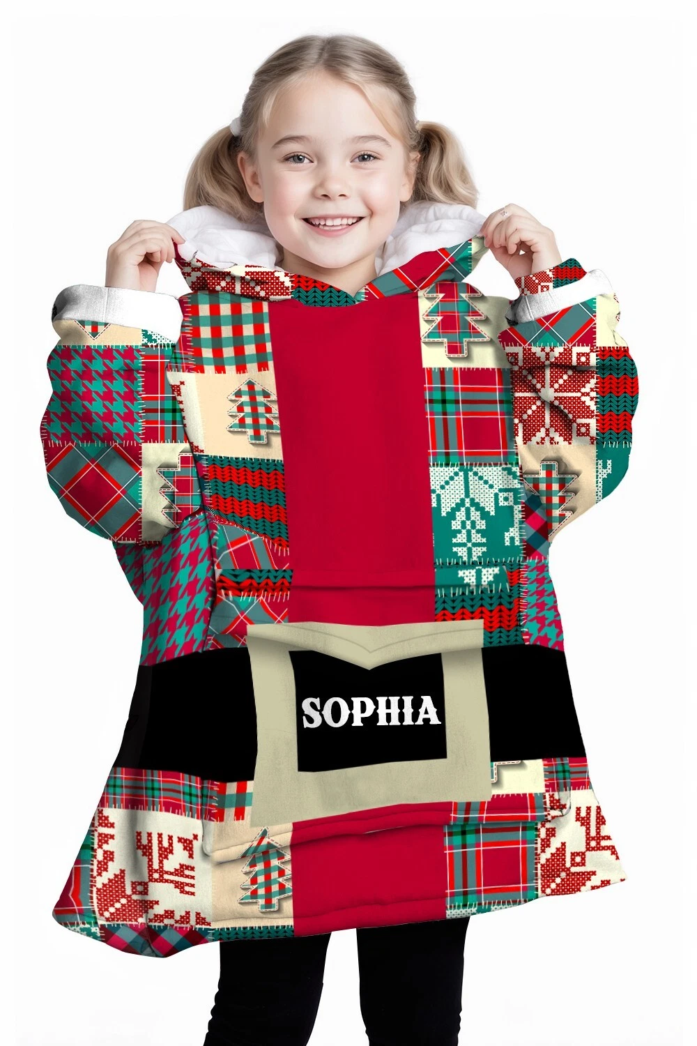 Personalized Santa Coat Christmas Pattern Patchwork Blanket Hoodie