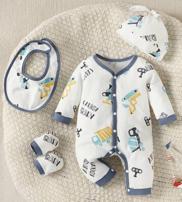 Baby-Strampler für Jungen mit Mütze, Fäustlinge und Lätzchen, Größe 80 (9-12 M.)
