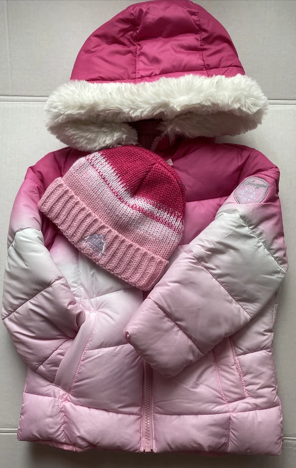 SNOZU 女孩连帽棉布,内里有舒适的苍蝇和匹配针织帽。 — 第 2/4 张图片