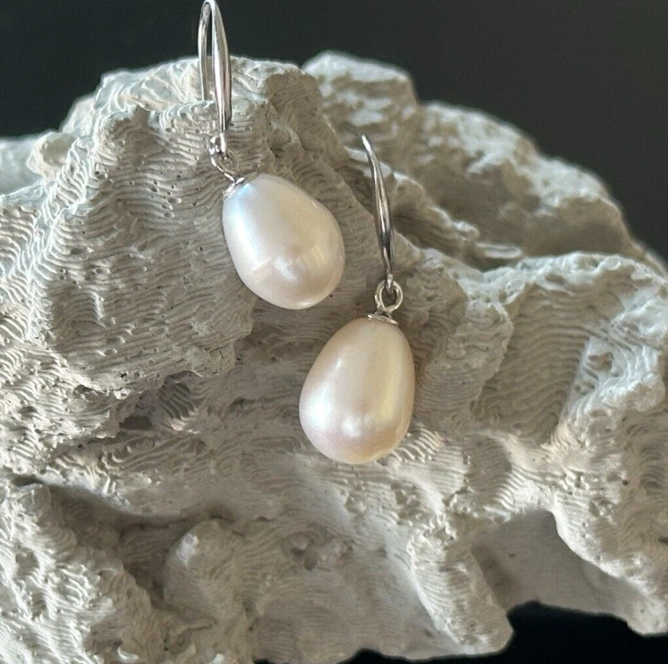 Natural White Oval Pearl  Hook Drop 7/8" Earrings in 925 Solid Sterling Silver - Image 2 of 4