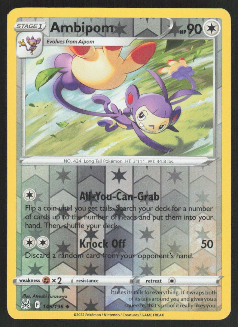 Pokemon Ambipom Uncommon 145/196 SWSH11: Lost Origin Reverse Holofoil NM