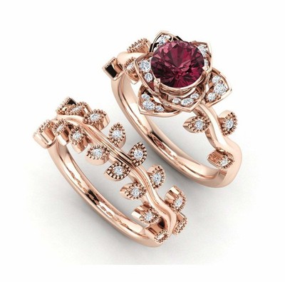 2ct Natural Garnet Floral Bridal Set Engagement Ring 14K Rose Gold Plated
