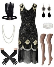 Women's Black Gold 1920s V Neck Flapper Dress Beaded Fringe Costume Set