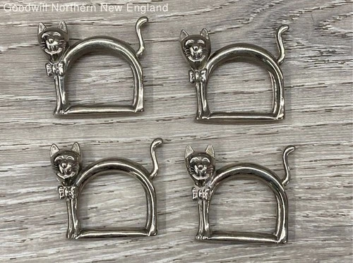 Silver Tone Whimsical Cat in Bowtie Set of 4 Napkin Rings 1 5/8 by 1 7/8"