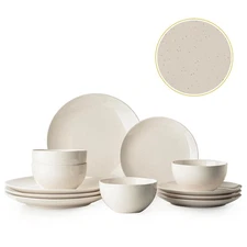 Plates and Bowls Sets, 12 Pieces Modern Stoneware Dinnerware Set for 4 Kitche...