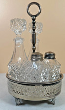 Vintage Victorian Silverplate 5 Piece Cut Glass Cruet Condiment Caddy