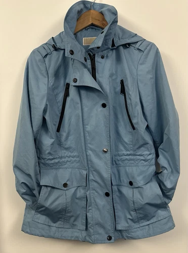 Giacca Michael Kors impermeabile classico blu nero zip snap media con cappuccio