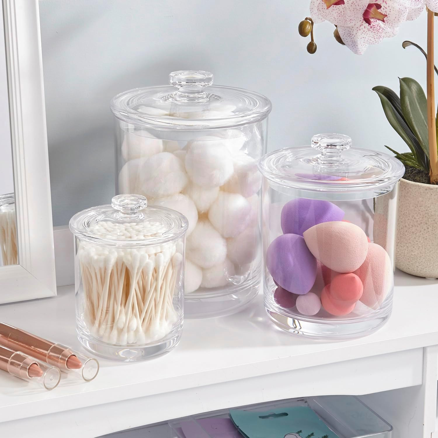 3-Pack Premium Quality Clear Plastic Qtip and Cotton Ball Holders, 15-Oz, 30-Oz,