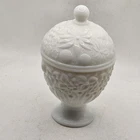 White Milk Glass Pedestal Compote Candy Dish with Lid Flowers Avon Vintage