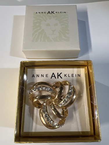 Anne Klein AK Gold Tone Rhinestone Swirl Brooch Pin w/ Original Box Elegant