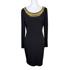 Calvin Klein M Black Stretch Jersey Knit Gold Embellished Neck Long Sleeve Dress