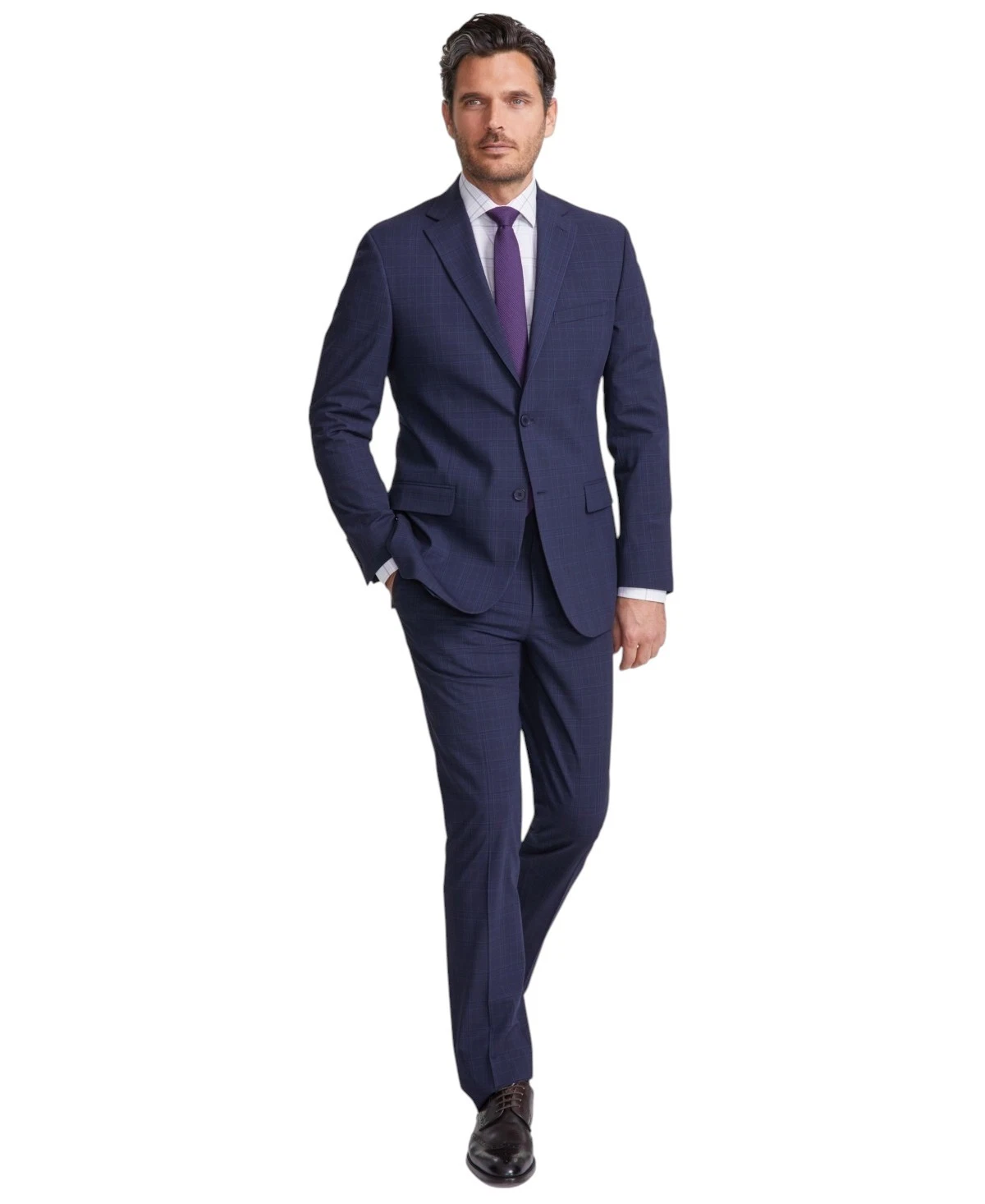 Dkny Mens Modern Fit Dress Pants 49 X 32 Navy Blue Plaid DNUR217W0356