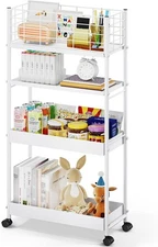 Slim Storage Cart, 4-Tier Metal Utility Rolling Cart with Wheels, Narrow Mobile