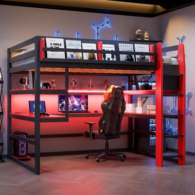 Full Size Wood Loft Bed with Desk, Storage Rack, Shelves, RGB Light