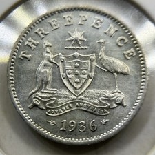 1936 Threepence Coin - almost Uncirculated Hairlines - George V Silver