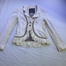Free People Boho Romantic Cream Colored Ruffle Embroidered Blazer Jacket Sz 0/XS