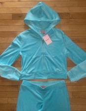 NEW NWT JUICY COUTURE Velour OG Bling Tracksuit Set in Aqua Blue Crystal Size M