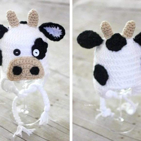 Handmade Crochet Cow Hat and Diaper Cover, Newborn Picture, Adjustable, Costume