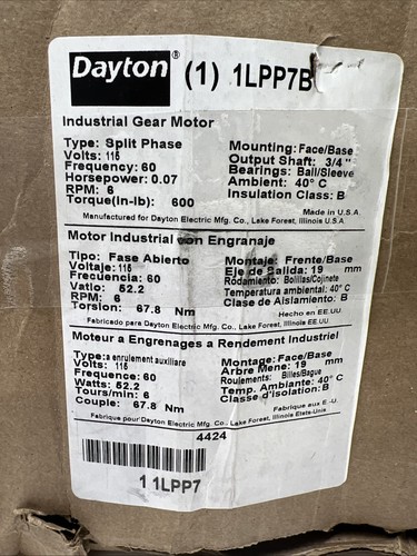 Dayton Industrial Gear Motor 1LPP7B, Single Shaft, Split-phase, 6RPM, 3/4” Shaft - Picture 3 of 15