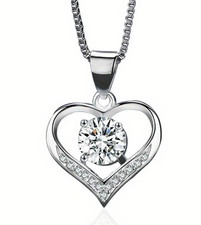 Silver & Diamond Heart pendant Necklace - Birthday Love Jewellery Gift for Women