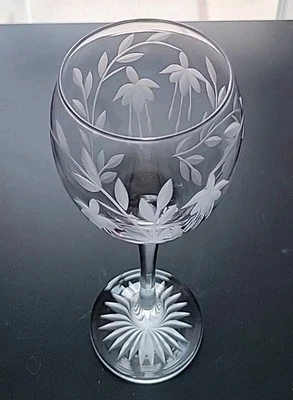STOURBRIDGE Cascade/ Fuchsia Design Wine Glass 8 oz (All Dull Cutting )Ex Stuart Engraver