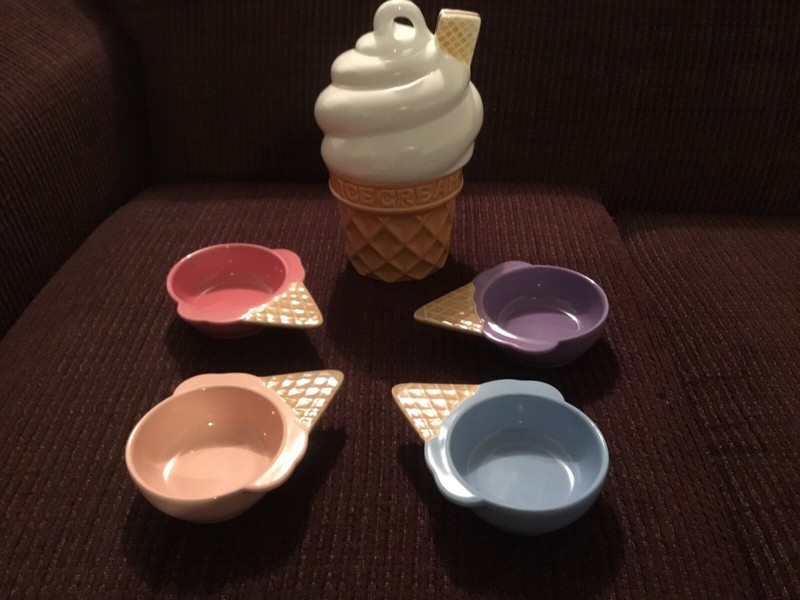 Vintage Cookie Jar Ice Cream Cone And Dishes Lot, Knobler
