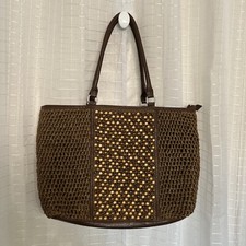 Vintage Straw Studios Woven Wooden Beaded Purse Handbag Hobo Brown 18x11x5